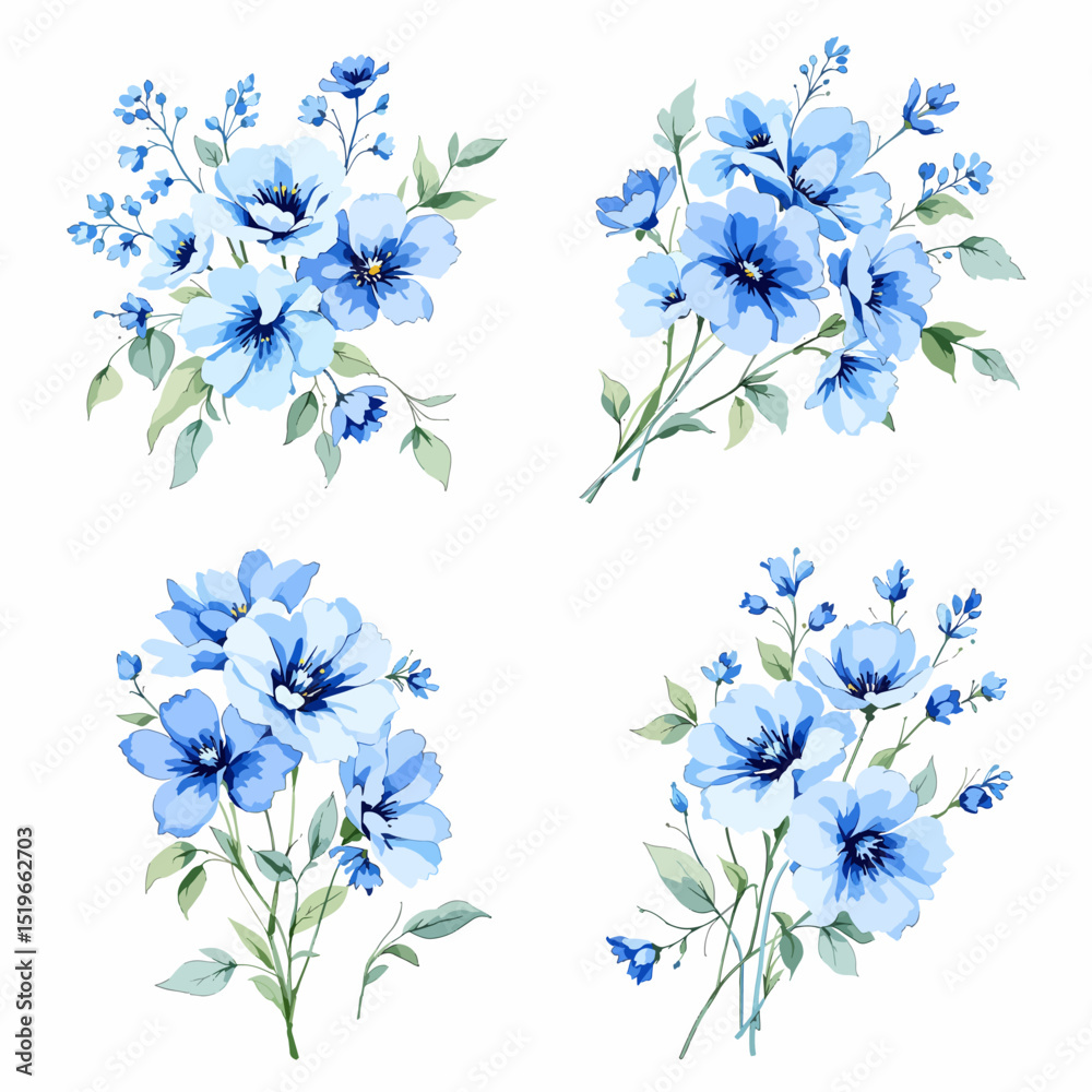 Fototapeta premium Watercolor blue flowers hand drawn floral illustration set on white background