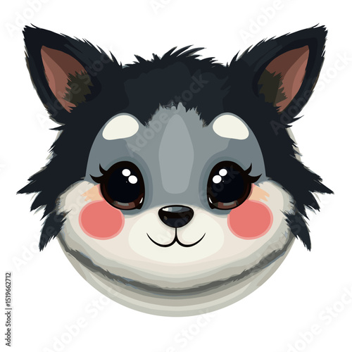 Cute cartoon dog face illustration with big eyes and blush for playful design concept