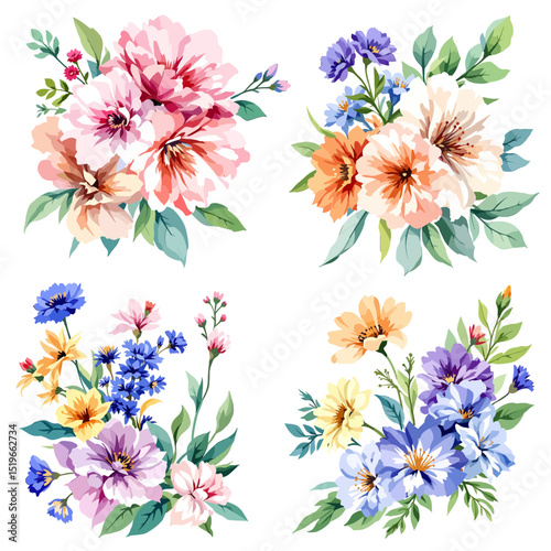 Set watercolor bouquet flowers on white background