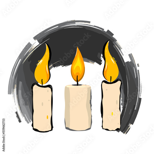 Artistic illustration of three candles with flames on abstract black background
