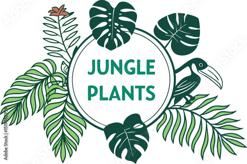 Tropical jungle plants frame with toucan
