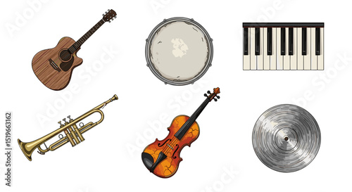 A collection of musical instruments including a guitar, drum, piano, violin, trumpet, and cymbal