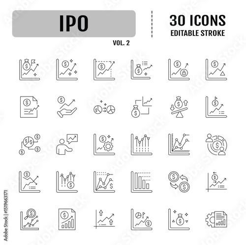 IPO line icon set. Editable stroke. Vector illustration