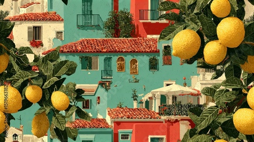 Decorative pattern with lemons, grapefruit, and Mediterranean village. Vintage citrus composition for packaging, textile, and summer design.
