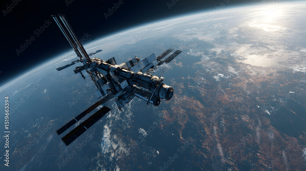 Fototapeta premium A detailed satellite with solar panels extended, floating against the backdrop of Earth’s curved horizon