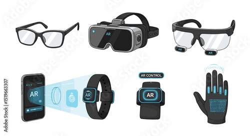 Illustration showcasing augmented reality devices including glasses headset and wearable technology