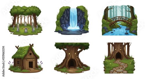 Illustration set featuring a forest clearing, waterfall, bridge, house, and hollow trees in nature