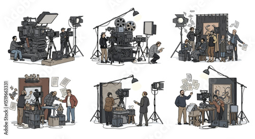 Illustrations showing film crews working on different movie sets with cameras and lighting equipment