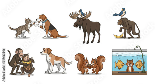 Illustration featuring diverse animals interacting including cat dog moose monkey squirrel and fish in aquarium