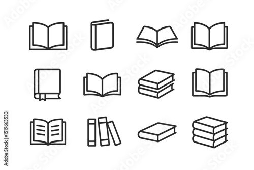 Various book illustrations in minimalist design style showcasing different types and arrangements of books and reading materials