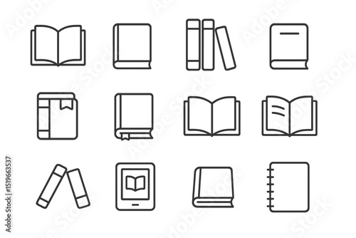 Collection of minimalist book and notebook icons showcasing different styles and formats for educational and creative use