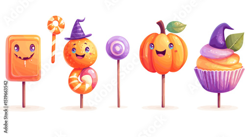 Spooky Treat Friends: A cute Halloween vector collection depicting six friendly treat-themed characters including a smiling chocolate bar wrapped in orange foil holding a candy cane