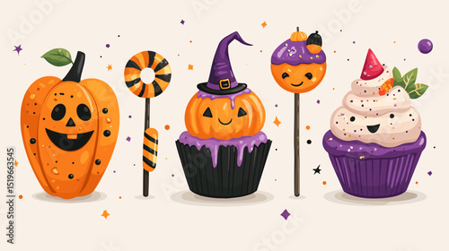 Spooky Treat Friends: A cute Halloween vector collection depicting six friendly treat-themed characters including a smiling chocolate bar wrapped in orange foil holding a candy cane