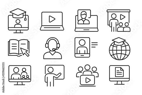 Educational technology icons representing remote learning and online classes in a digital format with diverse activities and engagement