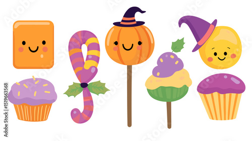 Spooky Treat Friends: A cute Halloween vector collection depicting six friendly treat-themed characters including a smiling chocolate bar wrapped in orange foil holding a candy cane