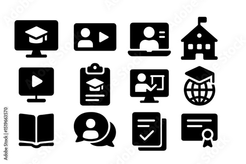 Digital education icons representing various online learning activities and resources for modern students and educators