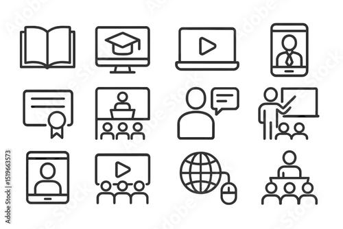 Education technology icons representing various online learning activities and methods used in modern classrooms