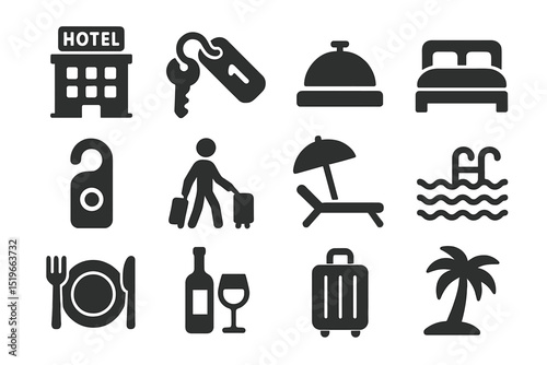 Collection of hotel and travel icons representing key elements of a vacation experience like check-in, amenities, and relaxation