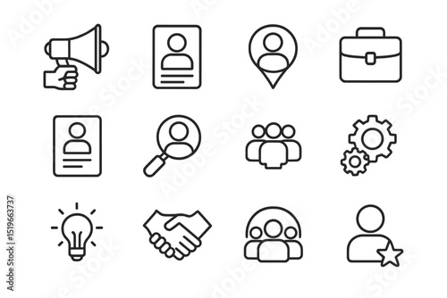 Illustrative icons representing various aspects of recruitment, networking, and team collaboration in a professional setting
