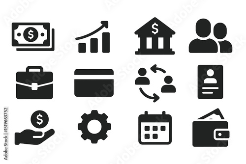 Financial symbols representing money management, banking, and business activities in a modern context