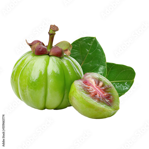 Green fruit and slice present on transparent background