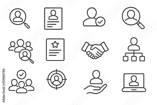Hiring and recruitment process illustrated through line icons for effective talent management