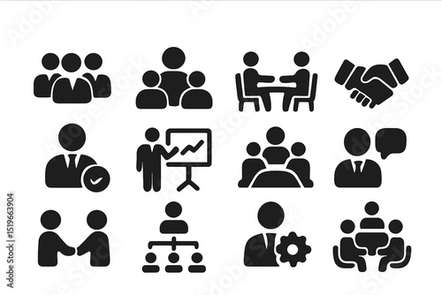 Collage of business activities illustrating teamwork, presentations, and professional interactions in various settings