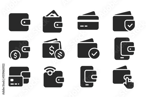 Collection of simple wallet and payment icons for digital transactions and financial management