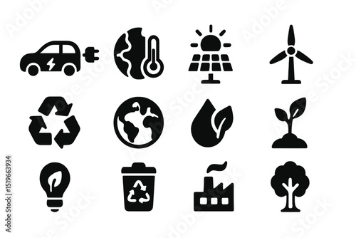 Symbols representing renewable energy, sustainability, and environmental protection in a modern design layout