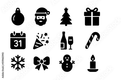 Festive holiday symbols including Santa, snowman, and Christmas tree for seasonal celebrations in December