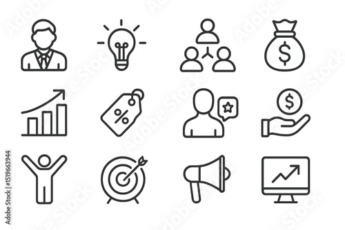 Business concepts including leadership, finance, and communication displayed in modern iconography for effective strategy planning