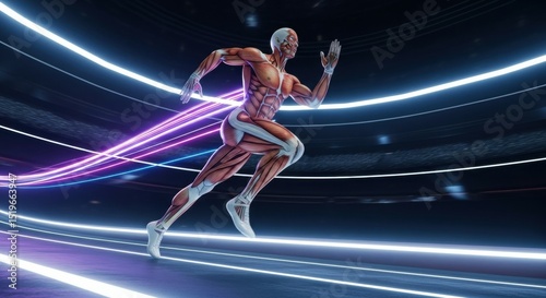 Anatomical Runner in Futuristic Neon Tunnel
