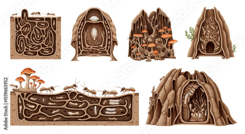 Illustration showcasing various ant colonies and their intricate underground tunnel systems and structures
