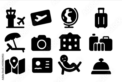 Icons depicting travel-related activities such as checking in, exploring, and relaxing during a vacation