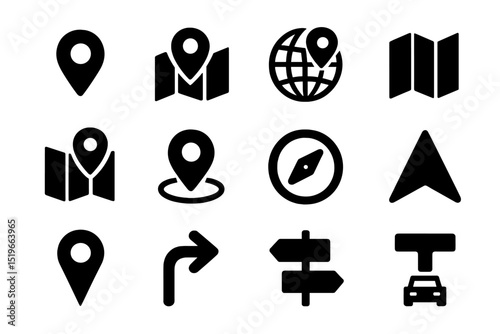 Collection of black navigation and location icons for mapping and directional purposes