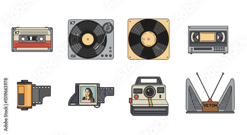 Illustration of retro media devices including audio cassettes and cameras in a vintage style art work