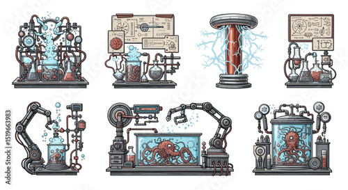 Collection of steampunk style laboratory setups with various experiments and apparatuses shown in detail