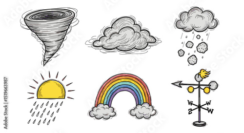 Illustration of weather elements including a tornado cloud rainbow and weather vane drawing style