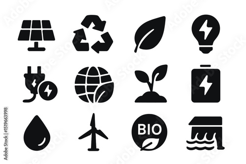 Icons representing renewable energy sources and sustainability concepts in a modern design