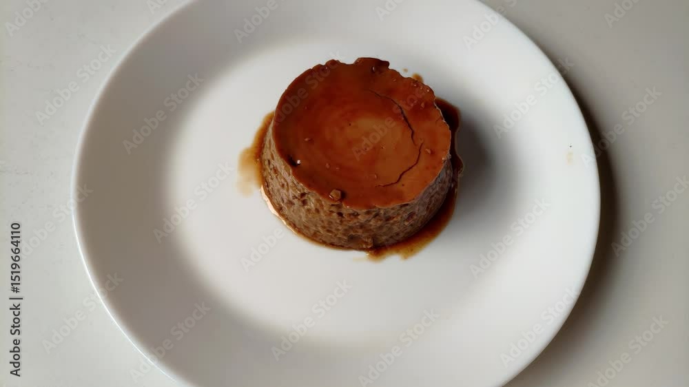 Delicious coffee-flavored flan with a smooth caramel layer on a white plate