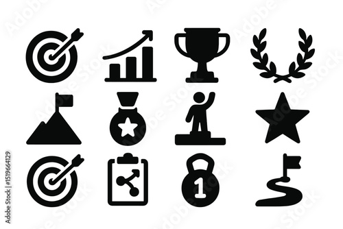Various symbols representing achievement, success, and goals in a minimalist design using black silhouettes