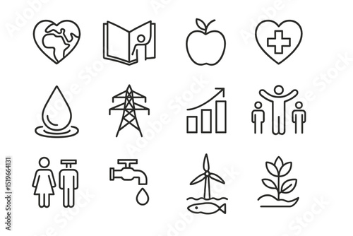 Collection of simple line icons representing health, environment, and sustainability concepts