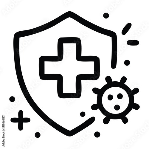 A shield-shaped graphic with a plus sign and a virus.