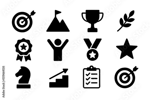 Various symbols representing achievement, progress, and success displayed in a grid layout for motivational purposes