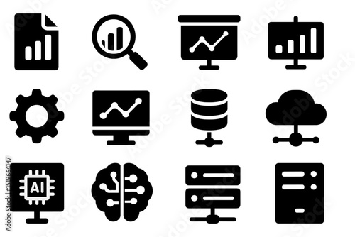Various black and white icons representing data analysis, technology, and artificial intelligence concepts in a digital workspace