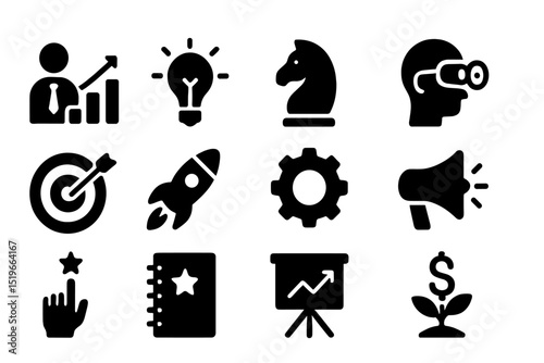 Business growth and strategy icons representing innovation and development in a corporate setting
