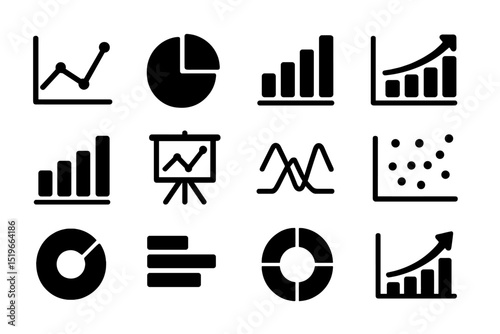 Various black and white icons representing data visualization and analytics tools used in presentations and reports