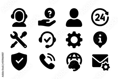 Customer support icons representing various services and availability in a modern design