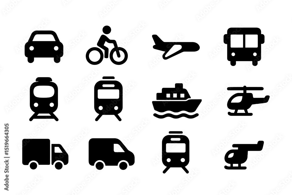 Various modes of transportation represented in simple black icons on a white background