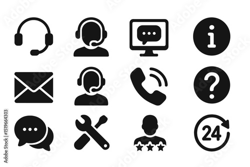 Customer support icons representing various communication methods and services for assistance
